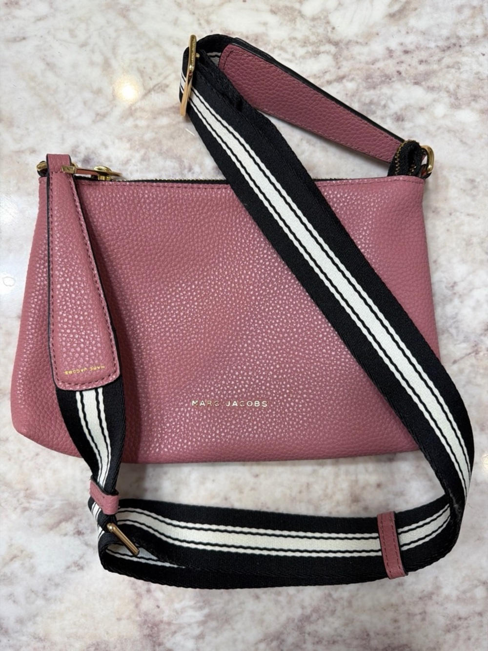 Marc Jacobs Dusty Rose Pebbled Leather Crossbody with Striped Strap